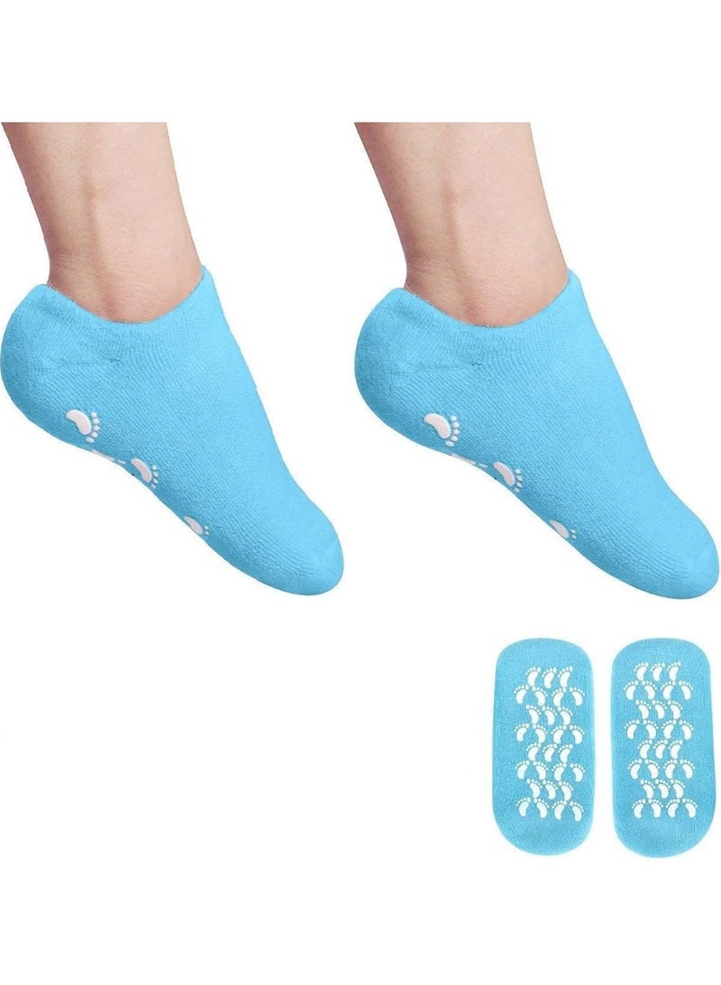 جوارب جل علاجية باللون الازرق الفاتح تساعد على ترطيب الكعبين وإصلاح التشققات، مناسبة للنساء والرجال، مثالية للعناية اليومية بالقدمين.