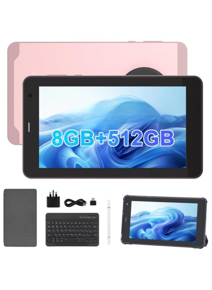 REBENUO 7 Inch Tablet,Android 13 Tablet,Quad Core Processor,8GB RAM 512GB ROM,512GB Expand,Dual Camera,Tablet with SIM, WiFi,Bluetooth,Case,StylusCM518 Pro (Pink) - Image 1