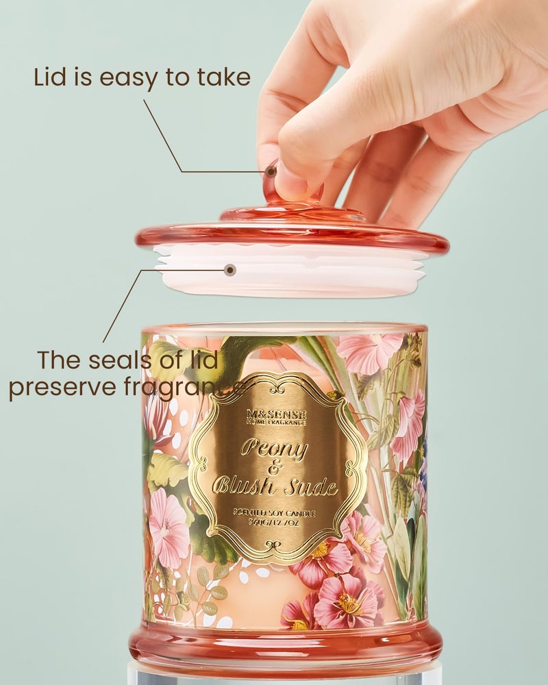 M&SENSE Peony Candles Home Scented, Organic Soy Candle 12.7oz 75 Hour Long Lasting Slow Burning, Spring Floral Fragrant Relaxing Aromatherapy Candle, Aaesthetic Candle Gift for Women - Image 3