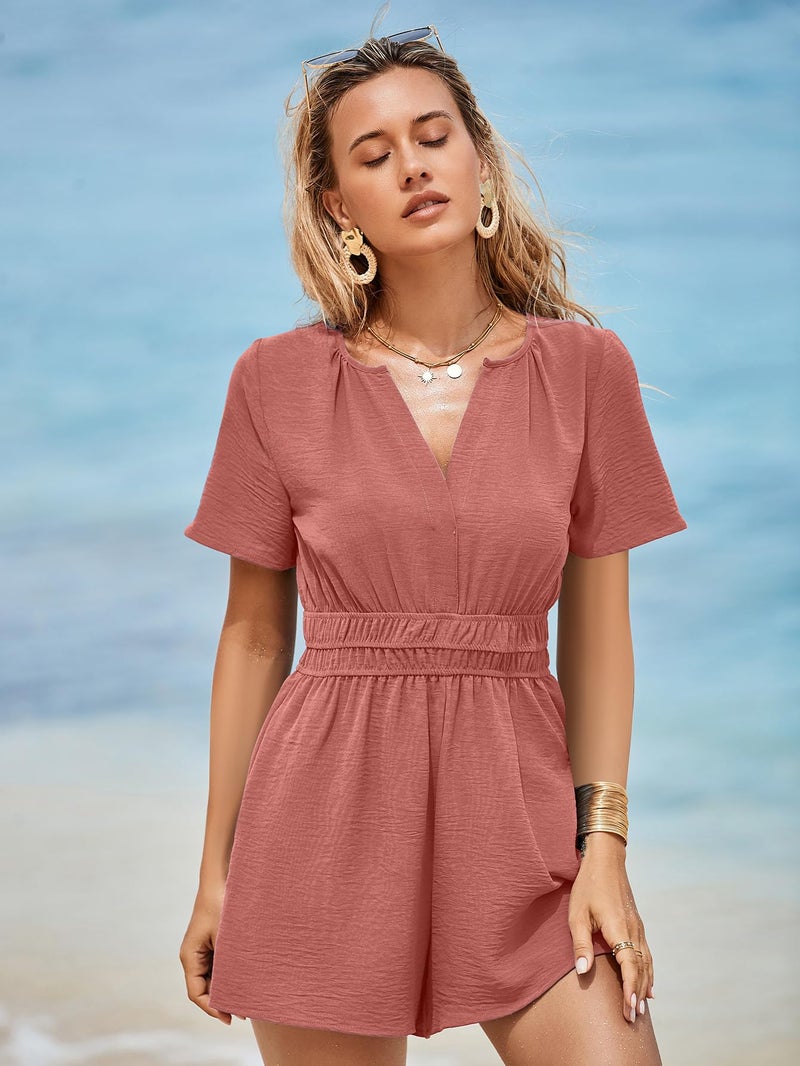 Simplee Apparel Simplee Dressy Rompers For Women 2024 Casual V Neck Flutter Sleeve Formal Romper Short Jumpsuit (Rust S) - Image 5