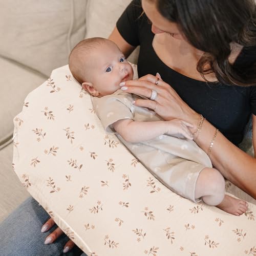 Konssy Muslin Nursing Pillow Covers Soft and Cute Nursing Covers for Breastfeeding Pillows Ideal for Newborn Baby Boys and Girls Brown Leaf Pink Sun 2 Pack - Image 3
