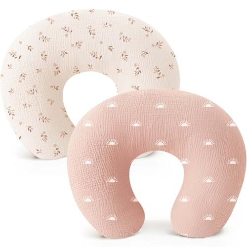 Konssy Muslin Nursing Pillow Covers Soft and Cute Nursing Covers for Breastfeeding Pillows Ideal for Newborn Baby Boys and Girls Brown Leaf Pink Sun 2 Pack - Image 1