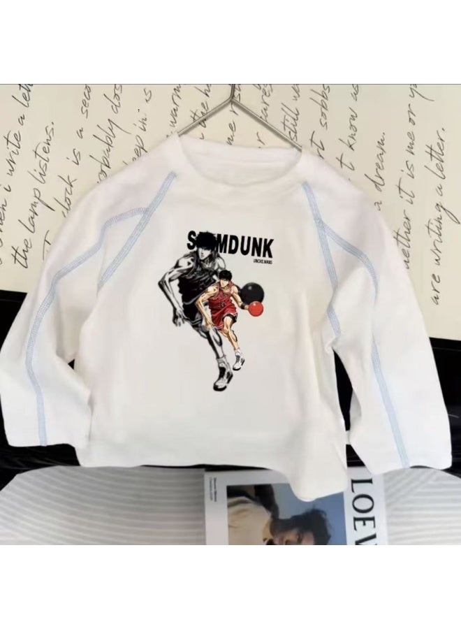Children's Pure Cotton Round Neck Long-sleeved Boy's Spring & Fall Baby White New Simple Medium And Large Boy's Loose Bottoming Shirt