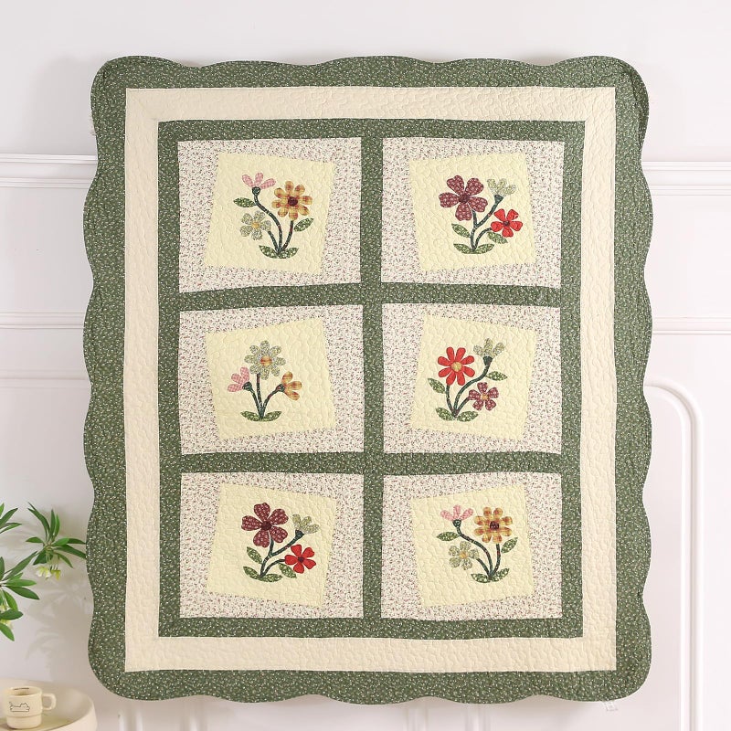 vctops 100% Cotton Quilted Throw Blanket 50x60 Inch Floral Embroidered Reversible Patchwork All Season Throw (Green A,50"x60") - Image 2