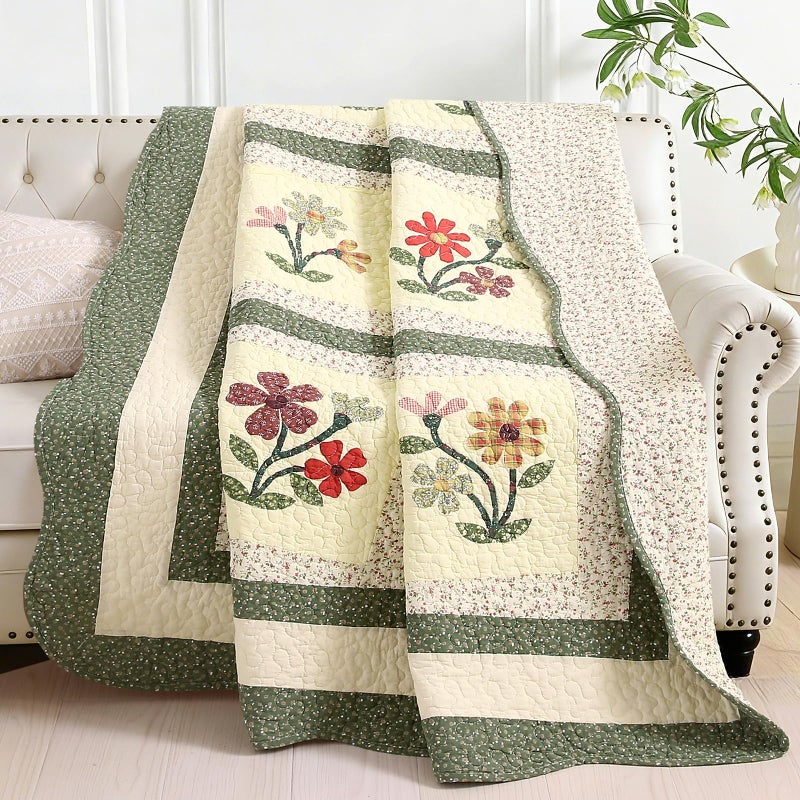 vctops 100% Cotton Quilted Throw Blanket 50x60 Inch Floral Embroidered Reversible Patchwork All Season Throw (Green A,50"x60") - Image 1