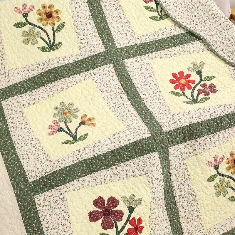 vctops 100% Cotton Quilted Throw Blanket 50x60 Inch Floral Embroidered Reversible Patchwork All Season Throw (Green A,50"x60") - Image 5