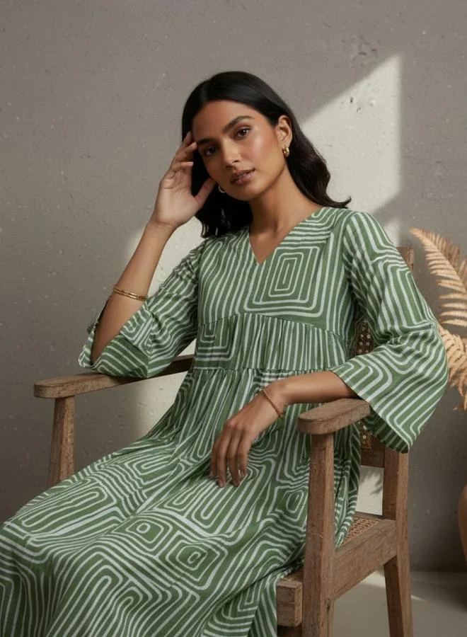 Sanskrutihomes  Green Geometric Print V Neck Midi Dress for Women | Best Price UAE
