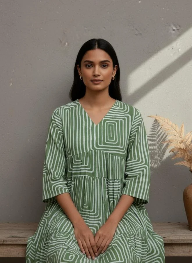 Sanskrutihomes  Green Geometric Print V Neck Midi Dress for Women | Best Price UAE