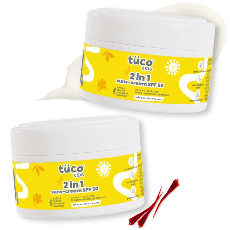 TuCo ® Kids 2 In 1 Face Cream + Sunscreen For All Skin Type SPF 50 With Saffron Oil | UVA/UVB PA++++ | Broad Spectrum | Benzophenone- 3 And Avobenzone Free | Ages 2-5, 5-10, 10-15 | 50Gm-Pack Of 2 | - Image 1