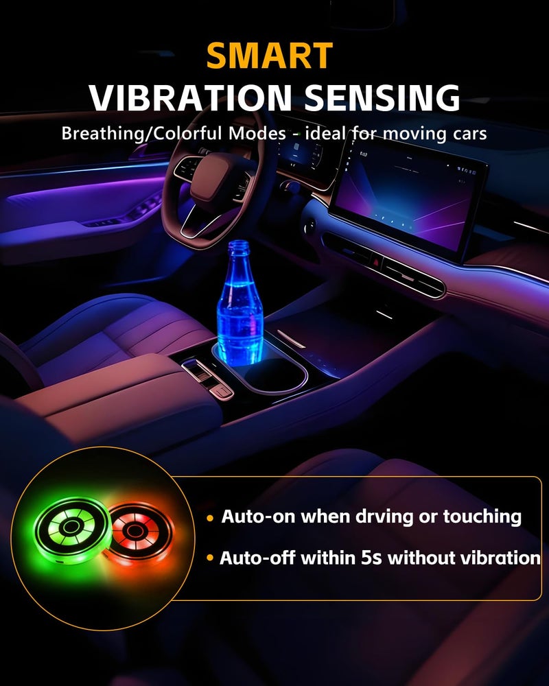 GSOWO 2PCS LED Car Cup Holder Lights, [7-Color & 21 Modes] Rechargeable Car Cup Holder Insert Coaster Lights with Vibration Sensor, Car Accessories for Interior Decoration - Image 3