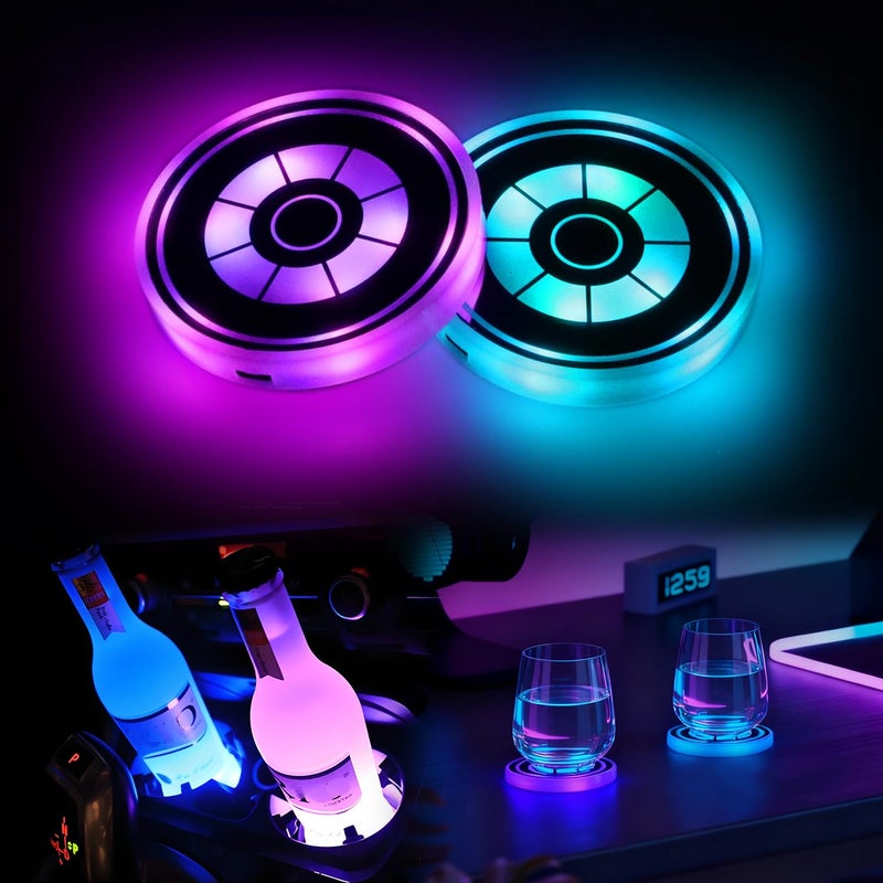 GSOWO 2PCS LED Car Cup Holder Lights, [7-Color & 21 Modes] Rechargeable Car Cup Holder Insert Coaster Lights with Vibration Sensor, Car Accessories for Interior Decoration - Image 1
