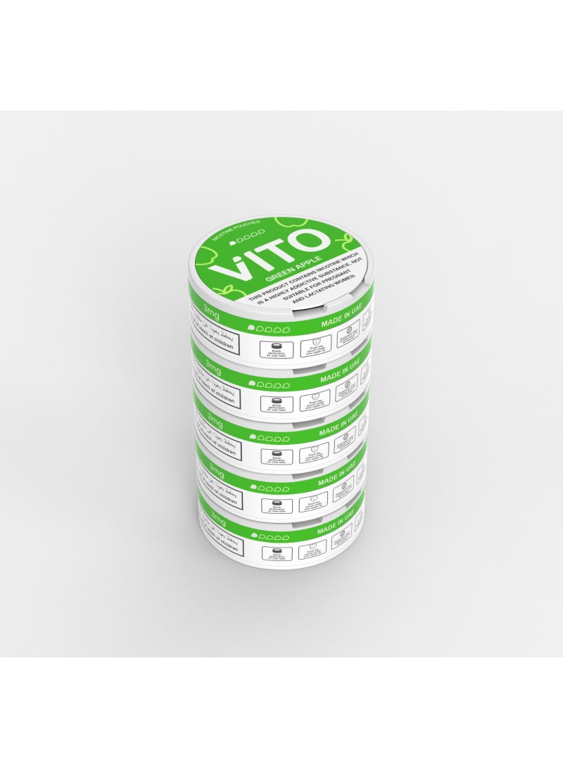 VITO Green Apple Nicotine Pouches 3mg | Fresh Green Apple Flavor | Tobacco-Free | 5 Cans, 20 Pouches Per Can - Image 2