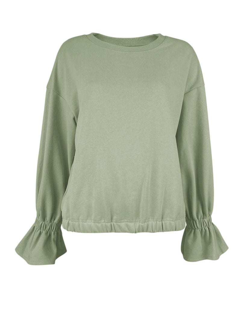 PRETTODAY Women's Casual Crew Neck Sweatshirt Long Sleeve Ruched Solid Loose Fitting Pullover Tops Green - Image 2