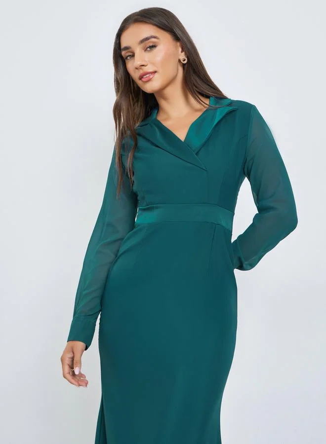 Styli  Teal Plain Long Sleeves Blazer Maxi Dress for Women | Best Price UAE