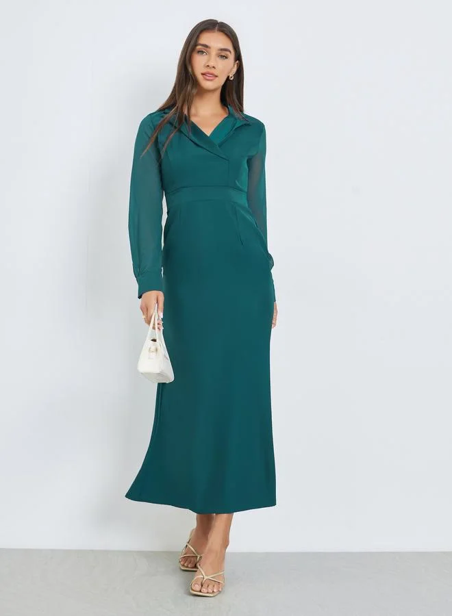 Teal Plain Long Sleeves Blazer Maxi Dress