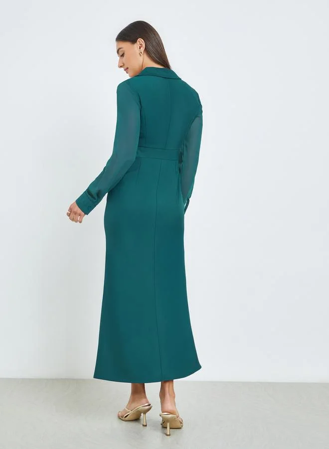 Styli  Teal Plain Long Sleeves Blazer Maxi Dress for Women | Best Price UAE