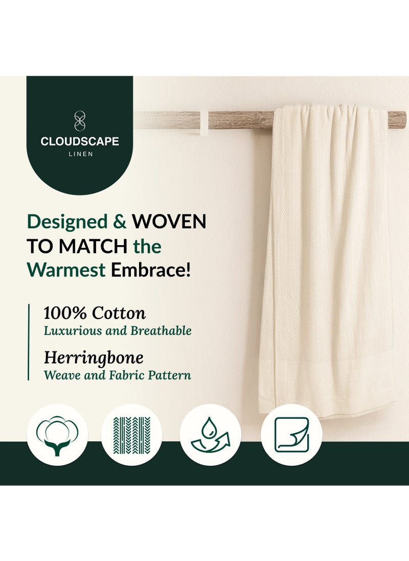 Cloud Scape Linen 100% Cotton Herringbone Blanket for All Season, Soft and Breathable Thermal Blanket,Ivory  - Image 3