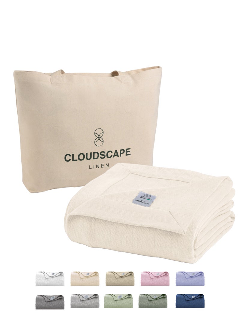 Cloud Scape Linen 100% Cotton Herringbone Blanket for All Season, Soft and Breathable Thermal Blanket,Ivory  - Image 1