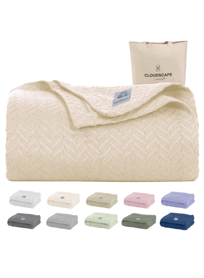 Cloud Scape Linen 100% Cotton Herringbone Blanket for All Season, Soft and Breathable Thermal Blanket,Ivory - Image 2