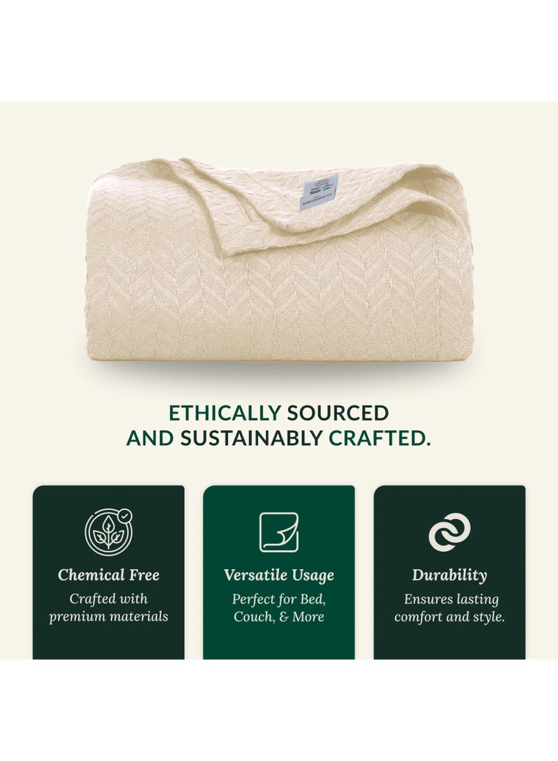 Cloud Scape Linen 100% Cotton Herringbone Blanket for All Season, Soft and Breathable Thermal Blanket,Ivory - Image 3