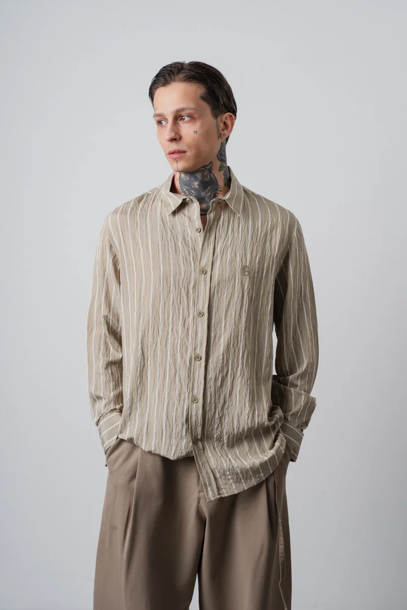 RESPIRE Men's Embroidered Striped Long-Sleeve Oversize Shirt, Khaki