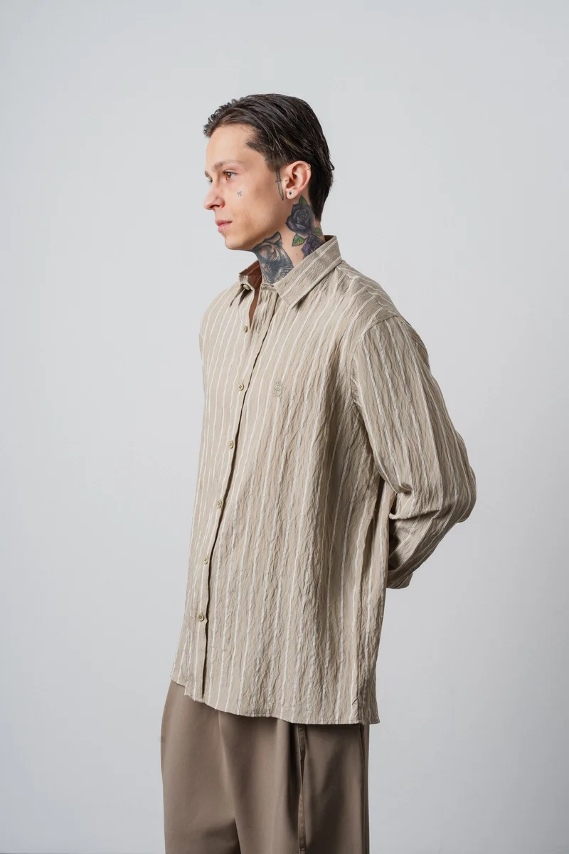 RESPIRE Men's Embroidered Striped Long-Sleeve Oversize Shirt, Khaki