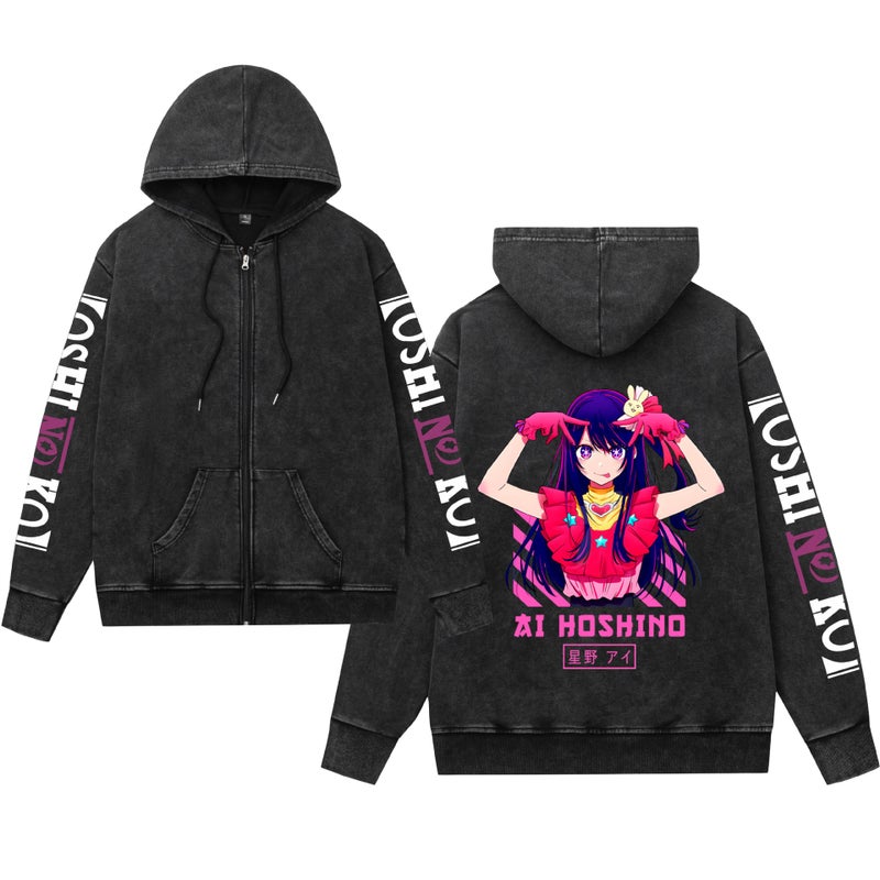 Washing Old Retro Sweater Hooded Zipper Oshi No Ko My Children Printed Men And Women - Image 2