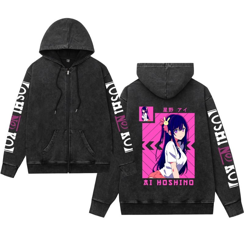 Washing Old Retro Sweater Hooded Zipper Oshi No Ko My Children Printed Men And Women - Image 1