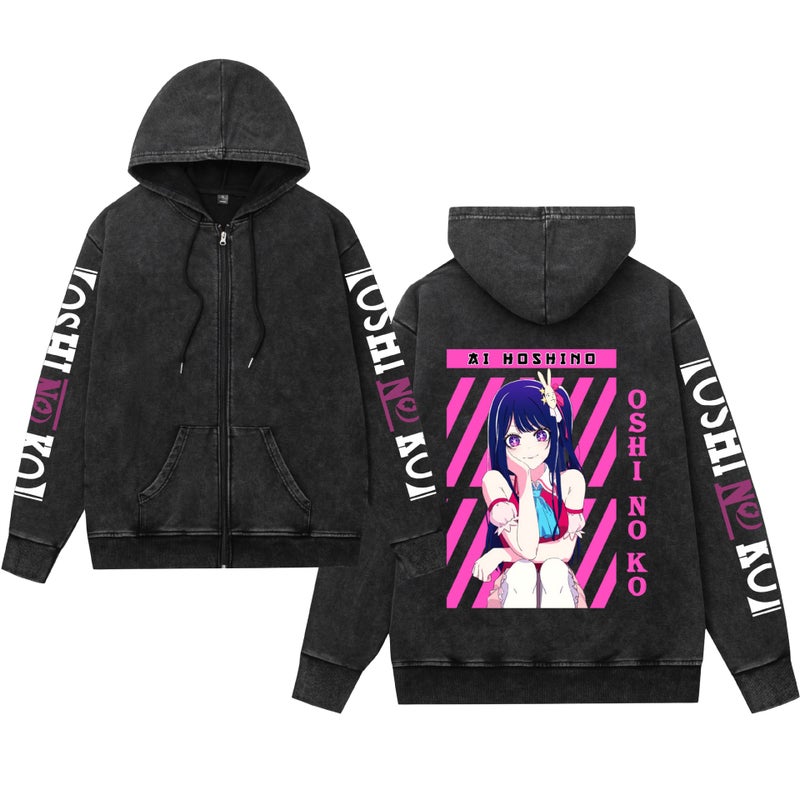 Washing Old Retro Sweater Hooded Zipper Oshi No Ko My Children Printed Men And Women - Image 3