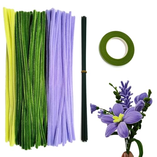 Swpohrat 210 Pieces Craft Pipe Cleaners Flower SetChenille Stem Pipecleaner Kit for Craft Tulip Lily Bouquet MakingDIY Craft Projects and Holiday Decorations Purple Green