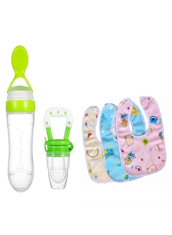 Joy Buzz Baby Feeding Product | Fruit Feeder Teether (1 Pcs) with 1 PCS Silicone Baby Food Dispensing Spoon 90ML and 3 Pcs Bib Set Combo Pack (Set of 5 Green) - Image 1