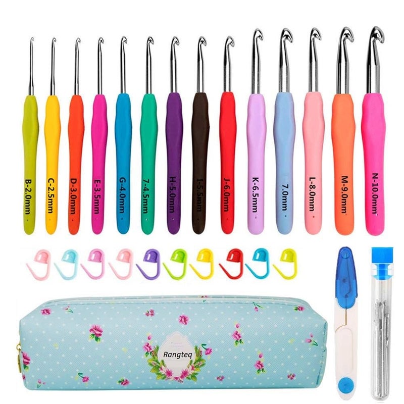 RangTeq 14 Size Crochet Hooks Set,Multicolor,2mm(B)-10mm(N) Ergonomic Crochet Hooks with Case for Arthritic Hands, Extra Long Crochet Needles - Image 1