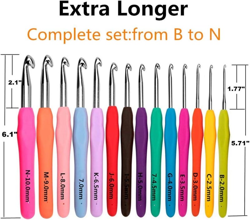 RangTeq 14 Size Crochet Hooks Set,Multicolor,2mm(B)-10mm(N) Ergonomic Crochet Hooks with Case for Arthritic Hands, Extra Long Crochet Needles - Image 4