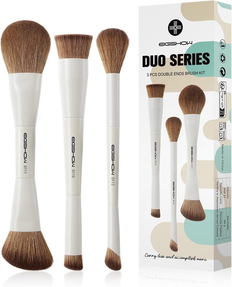 EIGSHOW Makeup Brush Set 3PCS Double Ended Face Makeup Brushes for Foundation Concealer Blush Contour Highlight Nose Shadow Travel Gift Set Beige
