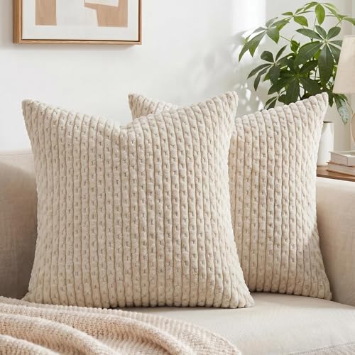 Fancy Homi 2 Packs Tan Decorative Throw Pillow Covers 18x18 Inch for Couch Bed Sofa Modern Farmhouse Boho Home Decor Soft Cute Plush Corduroy Beige Cushion Case 45x45 CM - Image 1