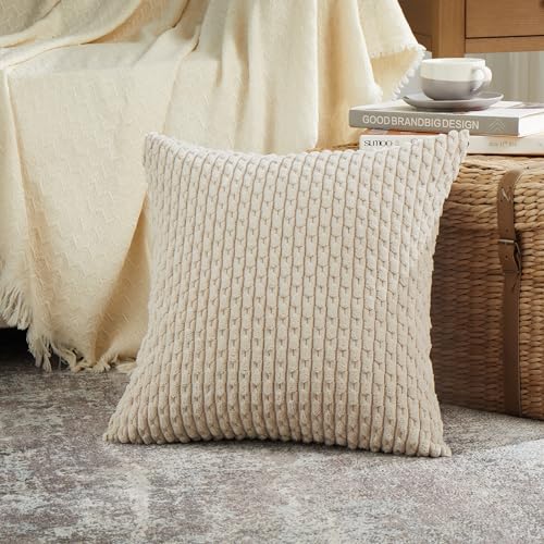 Fancy Homi 2 Packs Tan Decorative Throw Pillow Covers 18x18 Inch for Couch Bed Sofa Modern Farmhouse Boho Home Decor Soft Cute Plush Corduroy Beige Cushion Case 45x45 CM - Image 3
