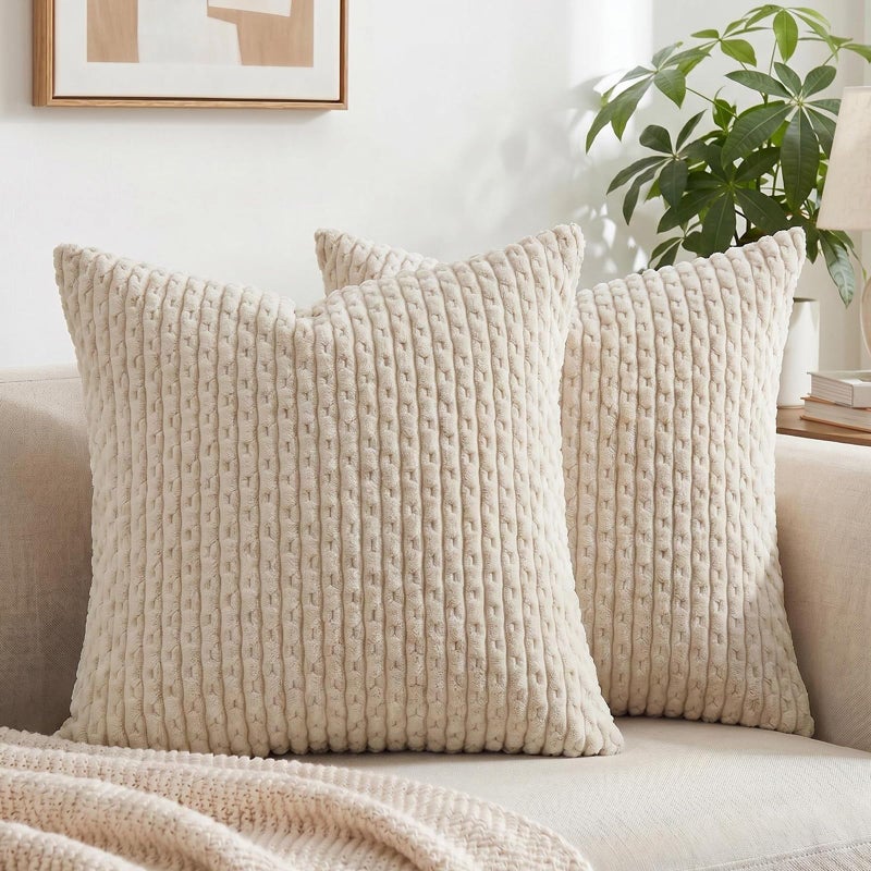 Fancy Homi 2 Packs Tan Decorative Throw Pillow Covers 18x18 Inch for Couch Bed Sofa Modern Farmhouse Boho Home Decor Soft Cute Plush Corduroy Beige Cushion Case 45x45 CM - Image 2