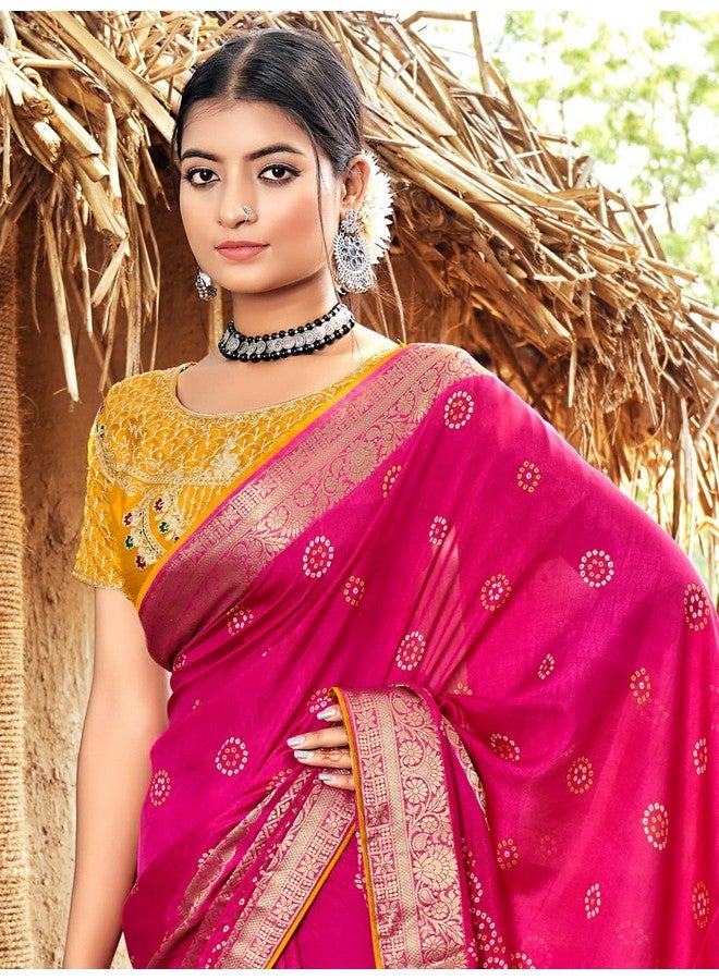 saree mall ساري مول ساري نسائي من الحرير الخالص مزخرف بتصميم بندهاني مع قطعة بلوزة غير مخيطة (وردي_LAVNYA5005_5D) - Image 3