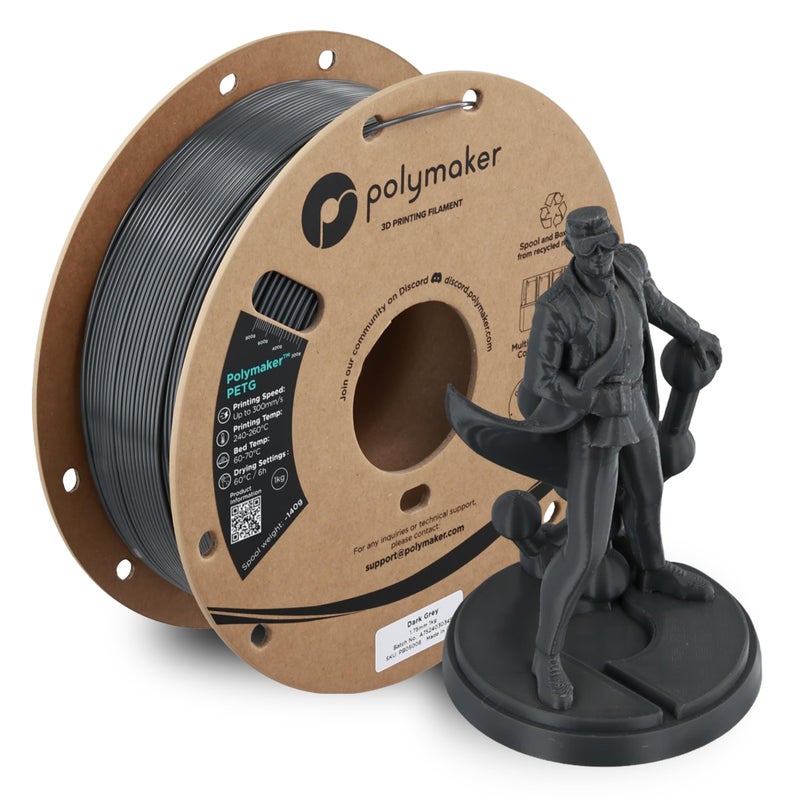 Polymaker PETG Dark Grey 3D Printer Filament 1.75mm 1kg, High Speed PETG up to 300mm/s, High Strength New Formula, Excellent Layer Adhesion, Warp Free, Compatible with Most 3D Printers - Image 1