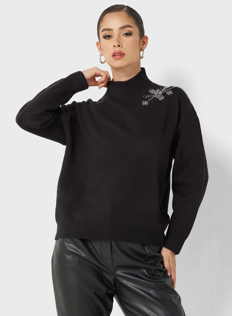 French Connection High Neck Embroidered Sweater