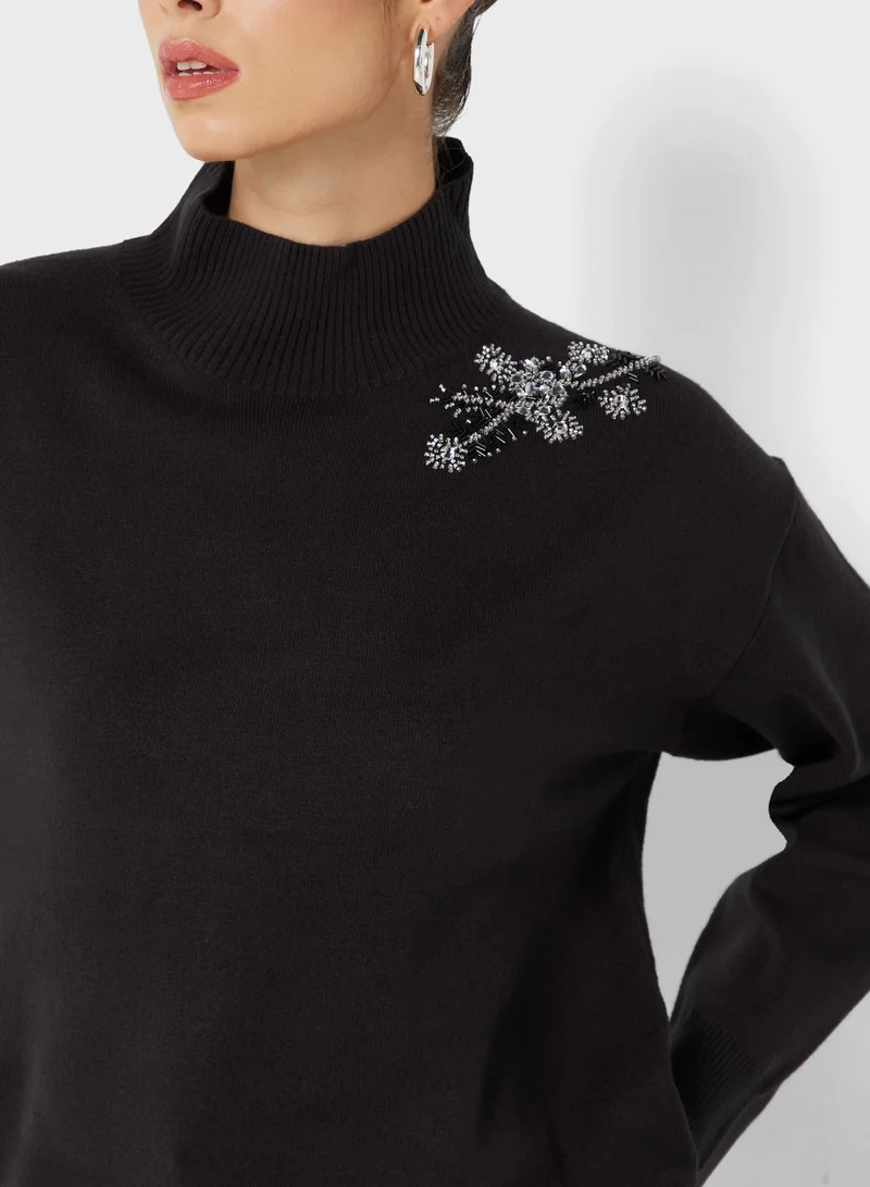French Connection High Neck Embroidered Sweater