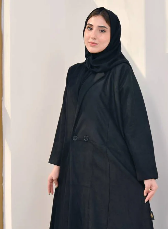 HAWRAA ABAYA Black winter abaya, blazer model, closed with buttons, made of suede fabric, with a quarter-length cut