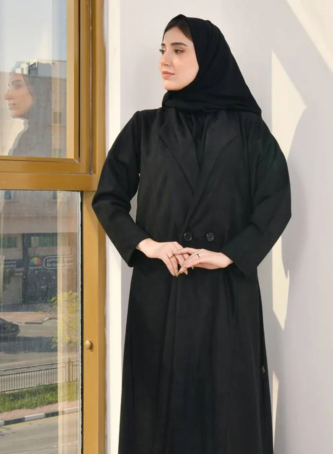 HAWRAA ABAYA Black winter abaya, blazer model, closed with buttons, made of suede fabric, with a quarter-length cut