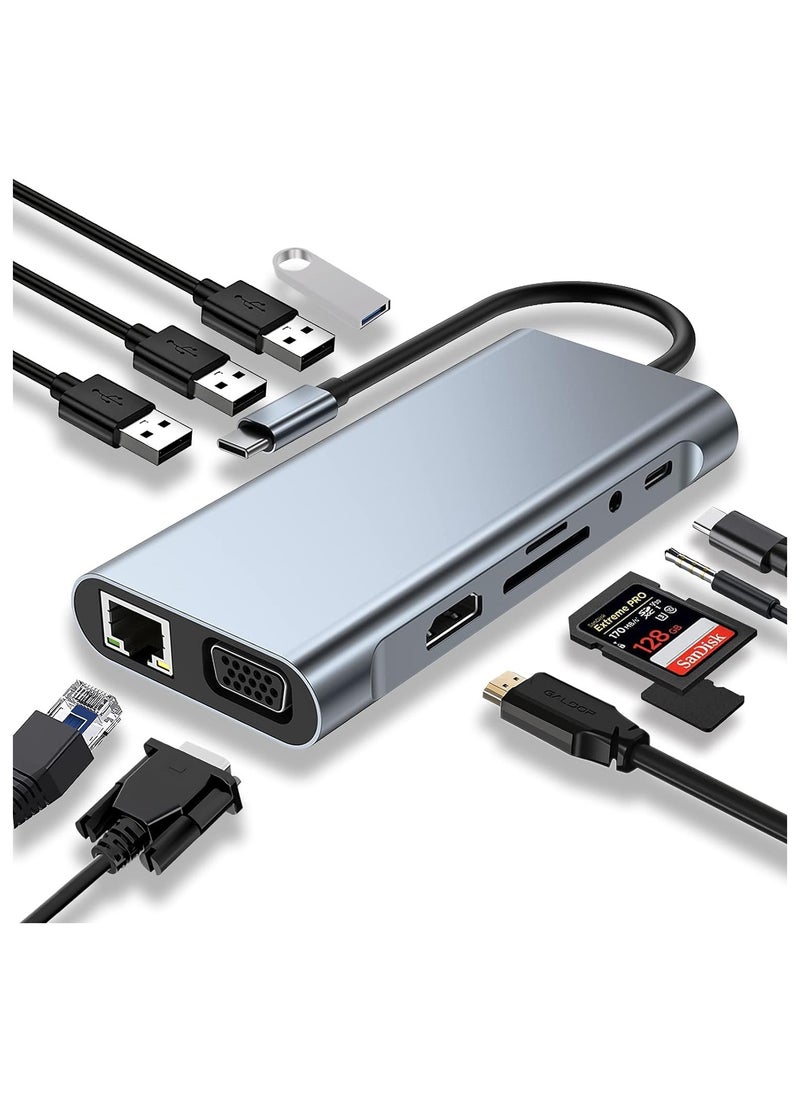 Generic - USB C Adapter 11 in 1 Dongle with 4K HDMI, VGA, Type C PD, USB3.0, RJ45 Ethernet, SD/TF Card Reader, 3.5mm AUX, Docking Station Compatible with MacBook Pro/Air, Other Type C Laptops - Image 1