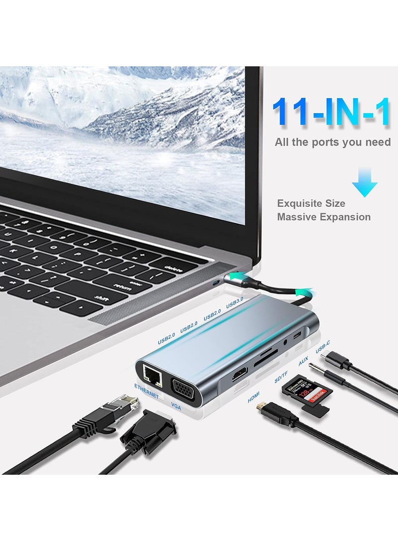 Generic - USB C Adapter 11 in 1 Dongle with 4K HDMI, VGA, Type C PD, USB3.0, RJ45 Ethernet, SD/TF Card Reader, 3.5mm AUX, Docking Station Compatible with MacBook Pro/Air, Other Type C Laptops - Image 1