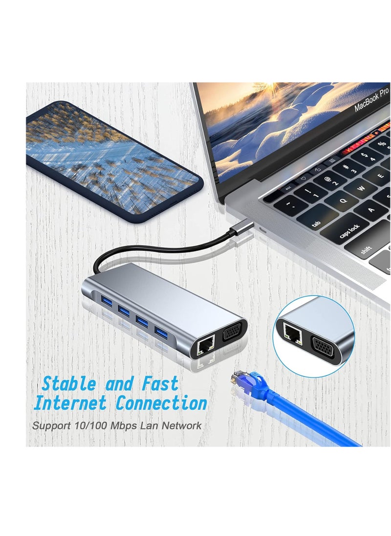 Generic - USB C Adapter 11 in 1 Dongle with 4K HDMI, VGA, Type C PD, USB3.0, RJ45 Ethernet, SD/TF Card Reader, 3.5mm AUX, Docking Station Compatible with MacBook Pro/Air, Other Type C Laptops - Image 1