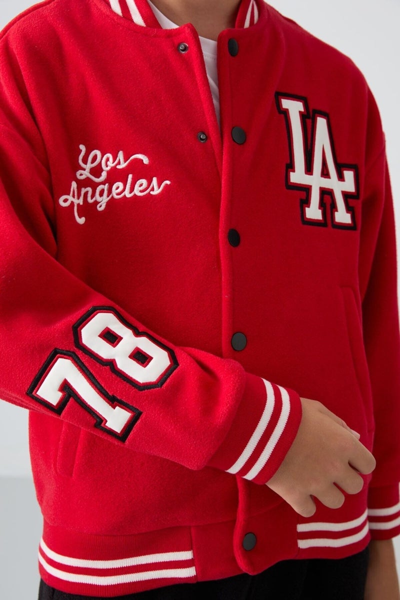 Tommy Life Red Thick Soft Texture Standard Fit Embroidered Fleece Boys College Jacket - 11227 - Image 2