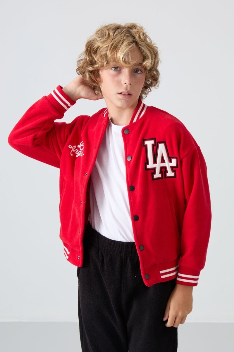 Tommy Life Red Thick Soft Texture Standard Fit Embroidered Fleece Boys College Jacket - 11227 - Image 1