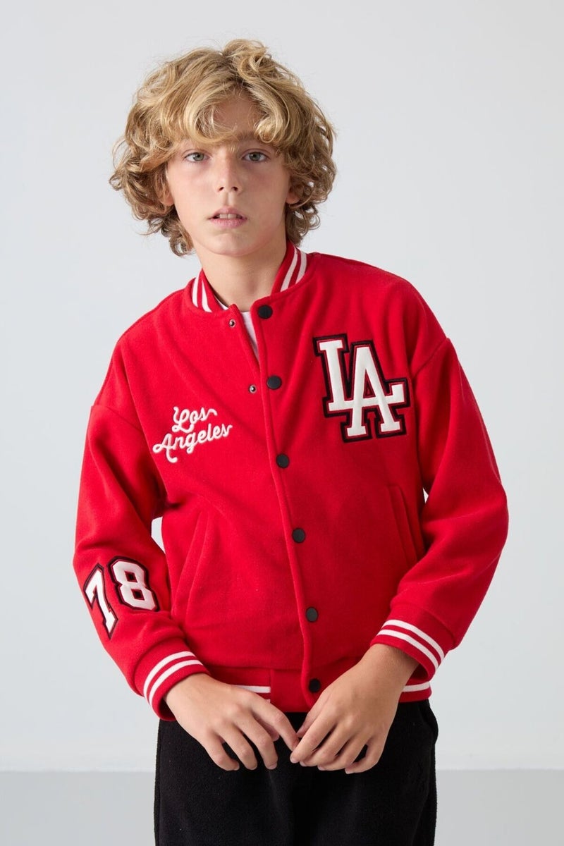 Tommy Life Red Thick Soft Texture Standard Fit Embroidered Fleece Boys College Jacket - 11227 - Image 4