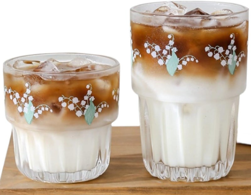 yaocoral Set of 2 Floral Drinking Glasses Cute Tea Cups Lily of the Valley Glass Cups for JuiceIced CoffeeMilkTeaDessertLatteStackable Flower Glassware Drinkware Setgreen - Image 1